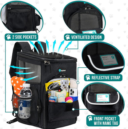Pet Carrier Backpack for Small Cats, Dogs, Puppies | Airline Approved | Ventilated, 4 Way Entry, Safety and Soft Cushion Back Support | Collapsible for Travel, Hiking, Outdoor (Black)